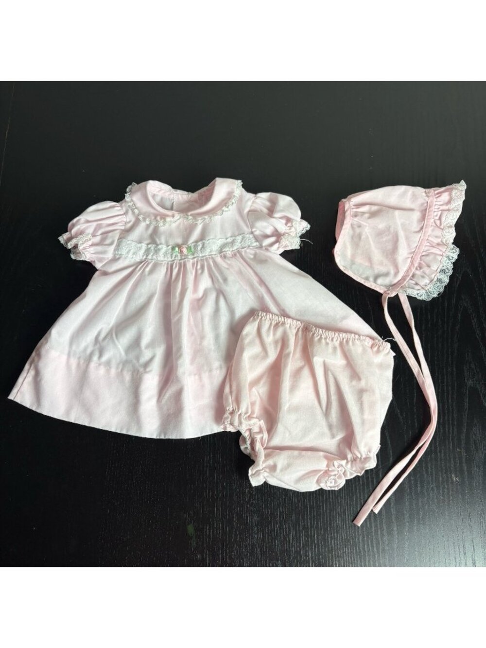 Vintage 80s ALEXIS Baby Girl 3M Classic Pink Dress Bloomers & Bonnet Set 1980s